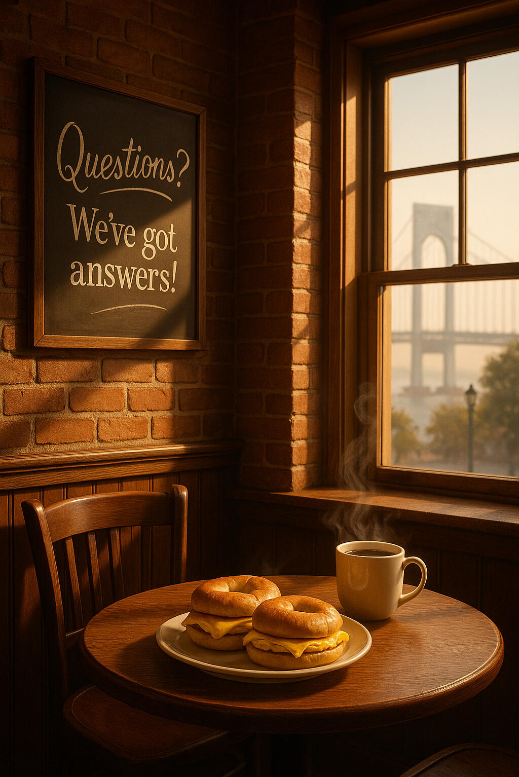 Joann’s Deli FAQ – Questions? We’ve Got Answers! Interior of Joann’s Deli in Staten Island with coffee cups, bagels, and a chalkboard reading “Questions? We’ve got answers!” representing the FAQ page.